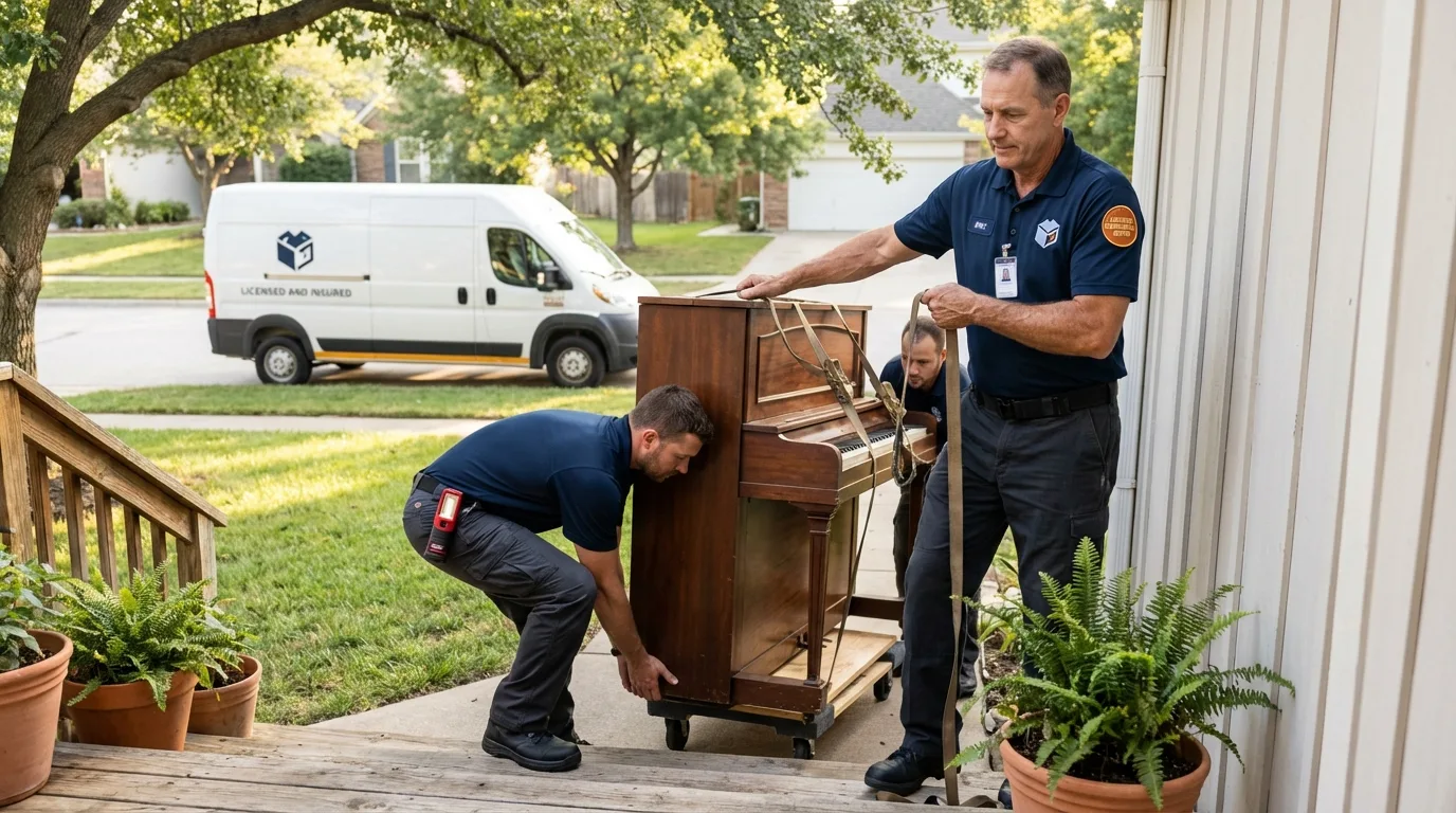 Licensed piano movers securing grand piano in Fort Thomas, KY