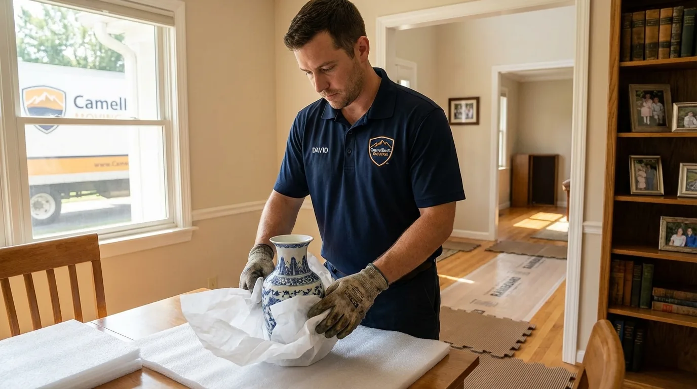 Professional crew carefully wrapping antique vase for senior downsizing move in Fort Thomas, KY